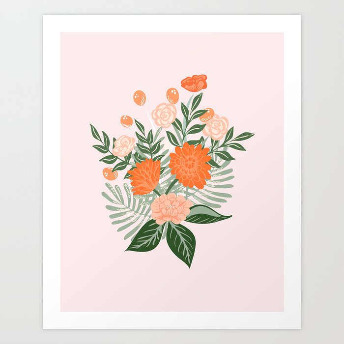 Floral wandering - retro flower bouquet - blush and orange Art Print