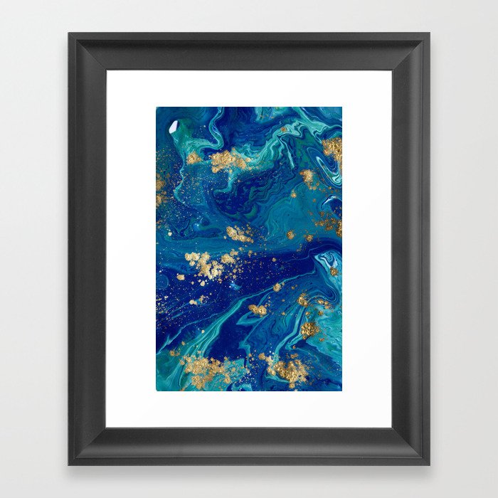 Blue & Gold Liquid Marble Swirls Framed Art Print