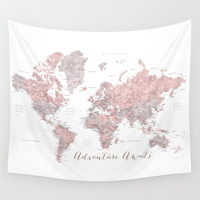 World map in dusty pink & grey watercolor, Adventure awaits Wall Tapestry