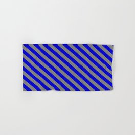 [ Thumbnail: Blue and Grey Colored Striped Pattern Hand & Bath Towel ]