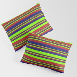 [ Thumbnail: Chartreuse, Red, and Midnight Blue Colored Striped Pattern Pillow Sham ]