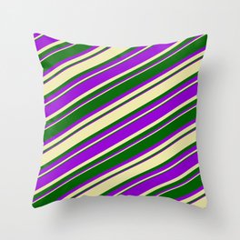 [ Thumbnail: Pale Goldenrod, Dark Green & Dark Violet Colored Lined Pattern Throw Pillow ]