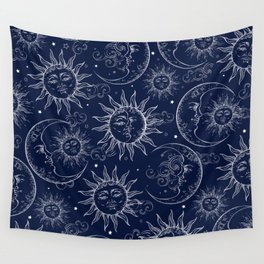 Blue Magic Celestial Sun Moon Stars Wall Tapestry