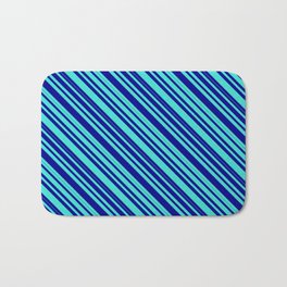 [ Thumbnail: Turquoise and Dark Blue Colored Lined/Striped Pattern Bath Mat ]