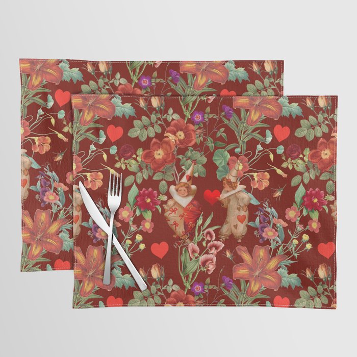 Valentine's Day In the Red Dahlia Blooming Garden - Vintage illustration collage   Placemat
