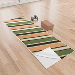 [ Thumbnail: Dark Olive Green, Beige, Brown & Black Colored Pattern of Stripes Yoga Towel ]