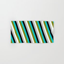 [ Thumbnail: Eye-catching Dark Turquoise, Green, Mint Cream, Grey, and Black Colored Stripes/Lines Pattern Hand & Bath Towel ]