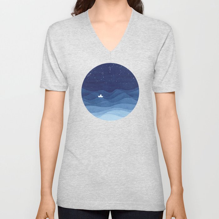 blue ocean waves, sailboat ocean stars V Neck T Shirt