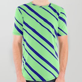 [ Thumbnail: Green & Dark Blue Colored Striped/Lined Pattern All Over Graphic Tee ]