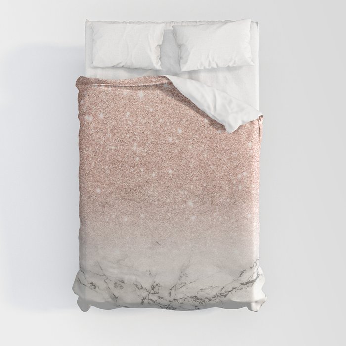 Modern faux rose gold pink glitter ombre white marble Duvet Cover by ...