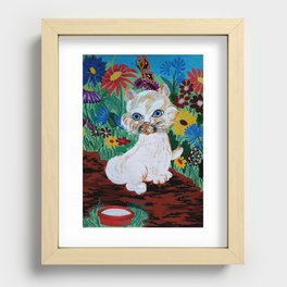 Cute white cottage kitty in the blooming garden with milk bowl and red butterfly  Recessed Framed Print