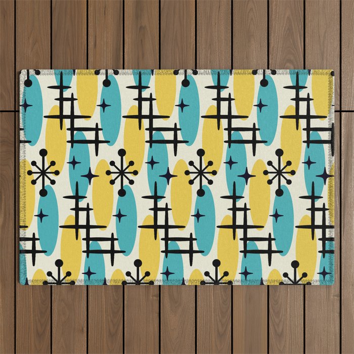 Retro Mid Century Modern Googie Design 231 Turquoise and Yellow Outdoor Rug
