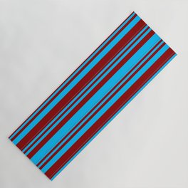 [ Thumbnail: Deep Sky Blue & Dark Red Colored Lined/Striped Pattern Yoga Mat ]