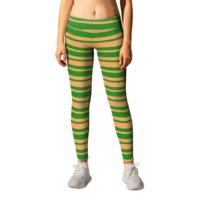 Forest Green & Brown Colored Stripes/Lines Pattern Leggings