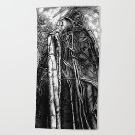 Black and white drawing of a twisted and gnarly Fig Tree Beach Towel