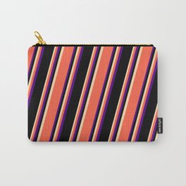 [ Thumbnail: Tan, Red, Indigo, and Black Colored Striped/Lined Pattern Carry-All Pouch ]
