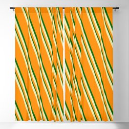 [ Thumbnail: Pale Goldenrod, Dark Orange, and Dark Green Colored Lined Pattern Blackout Curtain ]