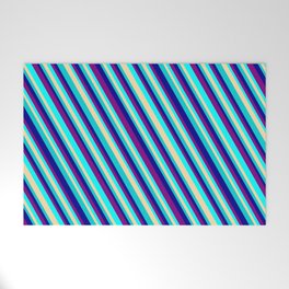 [ Thumbnail: Eye-catching Purple, Aqua, Tan, Dark Turquoise, and Dark Blue Colored Stripes/Lines Pattern Welcome Mat ]