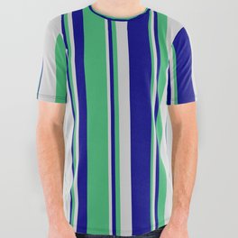 [ Thumbnail: Blue, Sea Green, and Light Grey Colored Lines/Stripes Pattern All Over Graphic Tee ]