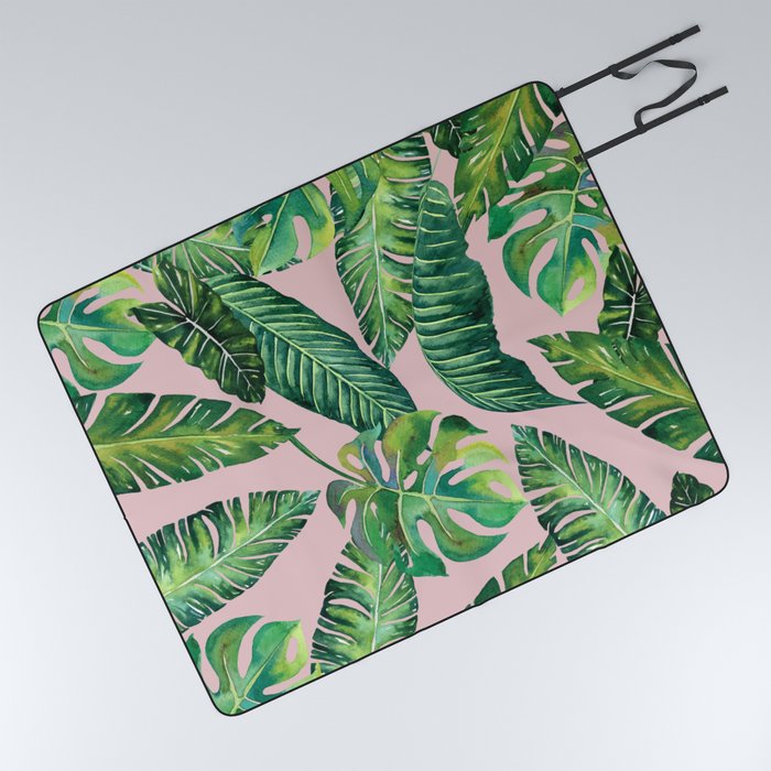 Jungle Leaves, Banana, Monstera Pink #society6 Picnic Blanket