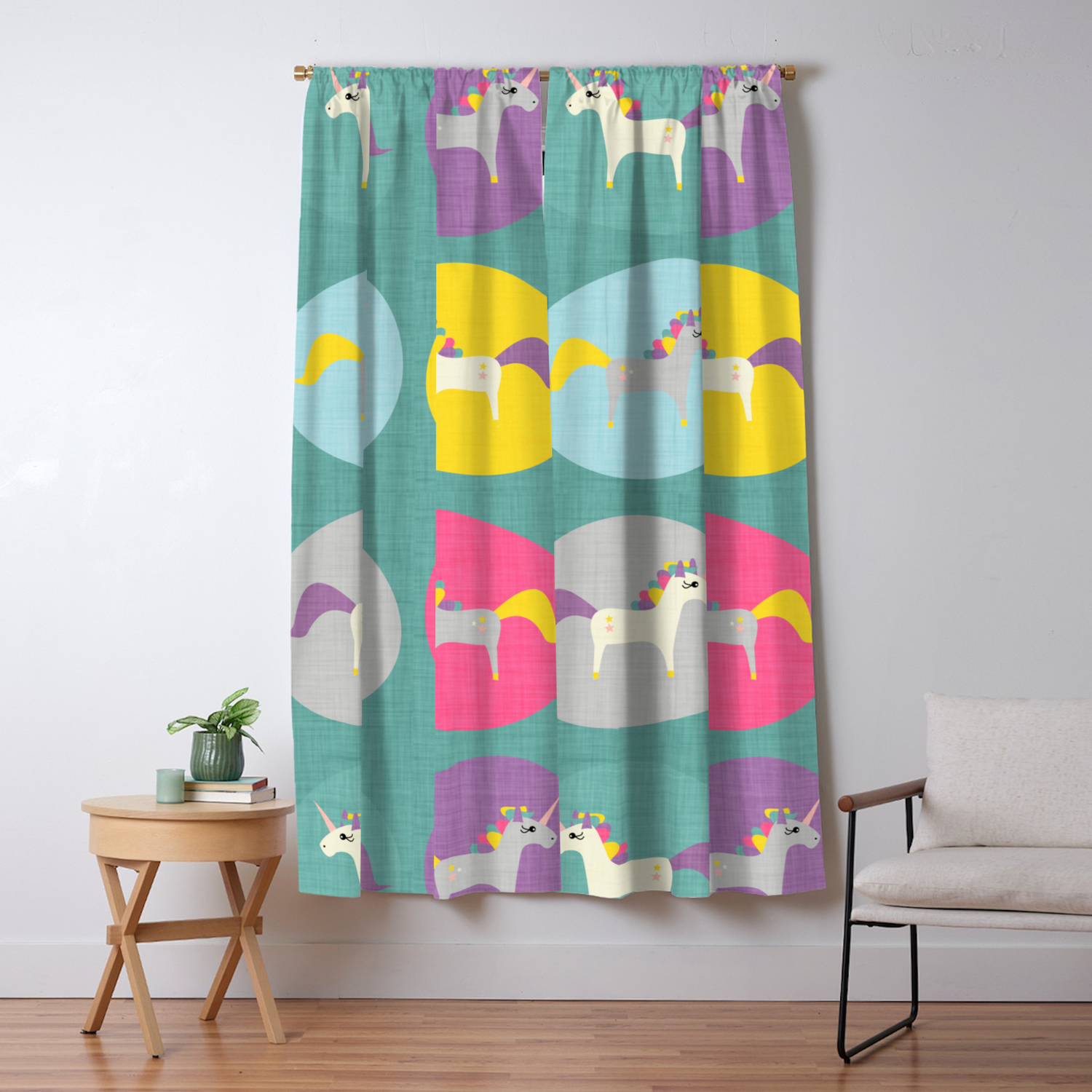 Cute Unicorn Polka Dots Teal Pastel Colors And Linen Texture