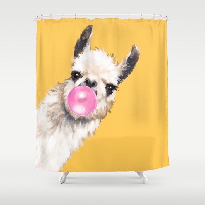 Bubble Gum Sneaky Llama in Yellow Shower Curtain