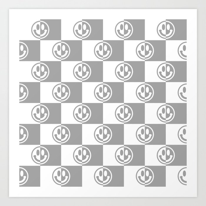 Smiley Faces On Checkerboard (Grey & White)  Art Print