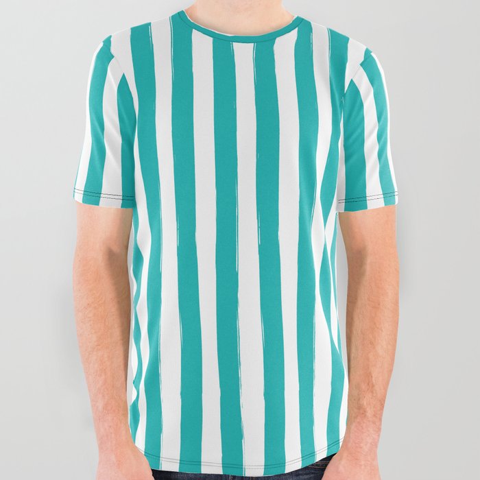 Turquoise and White Cabana Stripes Palm Beach Preppy All Over Graphic Tee