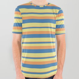 [ Thumbnail: Brown, Blue, and Tan Colored Striped/Lined Pattern All Over Graphic Tee ]
