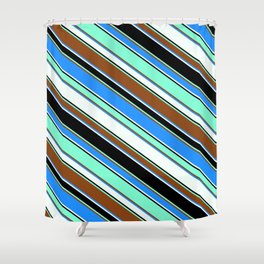 [ Thumbnail: Colorful Brown, Blue, Mint Cream, Black & Aquamarine Colored Striped Pattern Shower Curtain ]