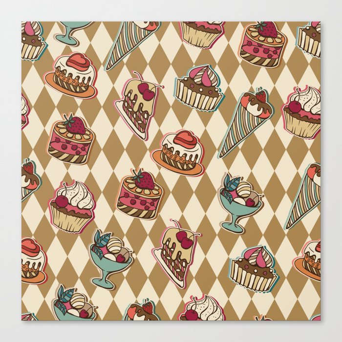 Vintage Pastries Sweets on Gold Brown Canvas Print