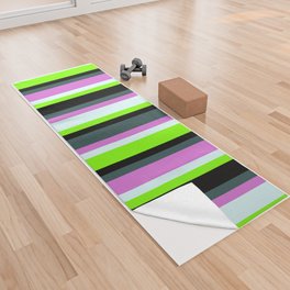 [ Thumbnail: Dark Slate Gray, Orchid, Light Cyan, Chartreuse & Black Colored Lines/Stripes Pattern Yoga Towel ]