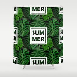 Tropical green monster leaves floral summer typography Shower Curtain