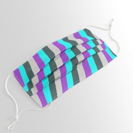 [ Thumbnail: Dark Orchid, Aqua, Dark Slate Gray, and Light Grey Colored Lines/Stripes Pattern Face Mask ]