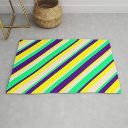 [ Thumbnail: Indigo, Yellow, Beige & Green Colored Pattern of Stripes Rug ]