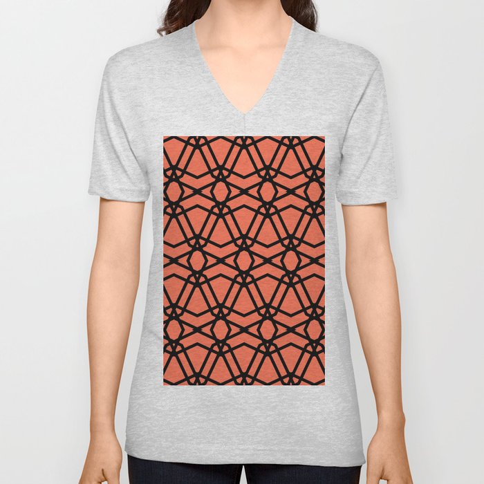 Black and Tangerine Line Geometric Pattern Pairs DE 2022 Trending Color Often Orange DE5132 V Neck T Shirt