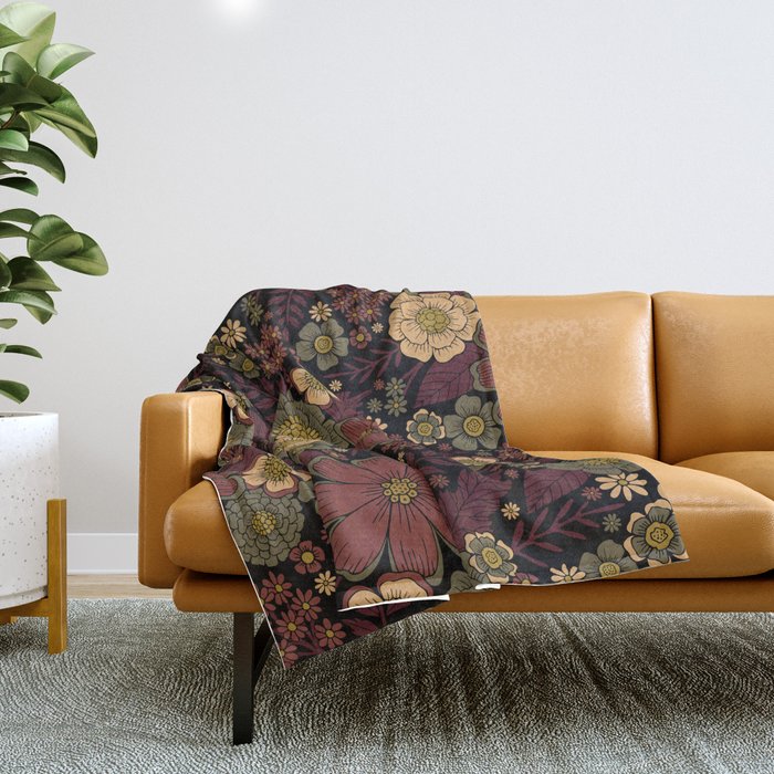 Classy Burgundy Cream Sage Green Floral Pattern Throw Blanket