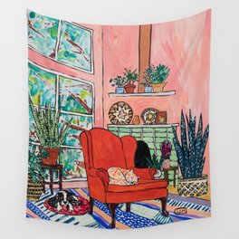 Red Armchair in Pink Interior with Houseplants, Ginger Cat, and Spaniel Interior Painting Wall Tapestry