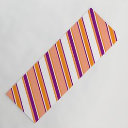 [ Thumbnail: Light Salmon, Purple, White, and Dark Orange Colored Stripes Pattern Yoga Mat ]