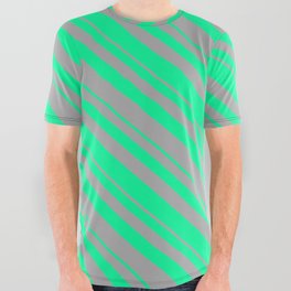 [ Thumbnail: Dark Gray and Green Colored Lines Pattern All Over Graphic Tee ]
