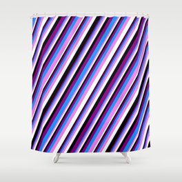[ Thumbnail: Purple, Blue, Violet, White & Black Colored Stripes Pattern Shower Curtain ]