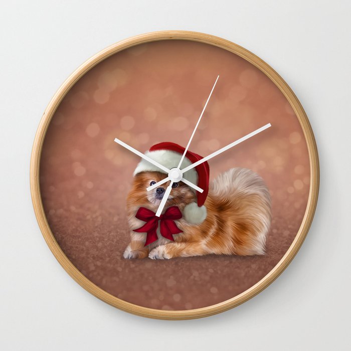 Dog Pomeranian Spitz in red hat of Santa Claus Wall Clock