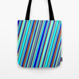 [ Thumbnail: Colorful Aquamarine, Slate Gray, Cyan, Blue & Sienna Colored Striped/Lined Pattern Tote Bag ]