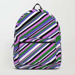 [ Thumbnail: Violet, Forest Green, Slate Blue, White & Black Colored Pattern of Stripes Backpack ]