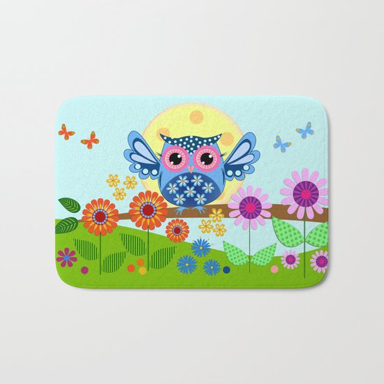 Spring owl in a Flower garden Bath Mat
