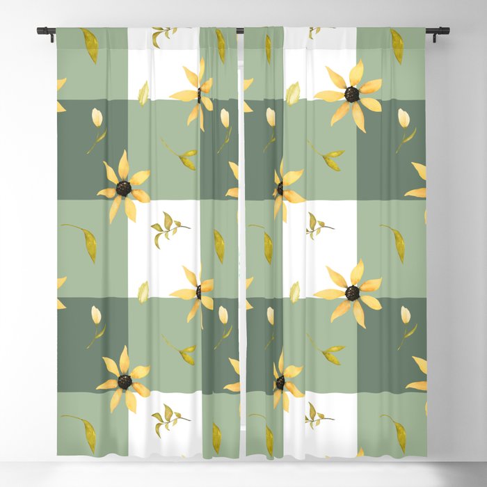Yellow floral meadow on sage green gingham pattern Blackout Curtain
