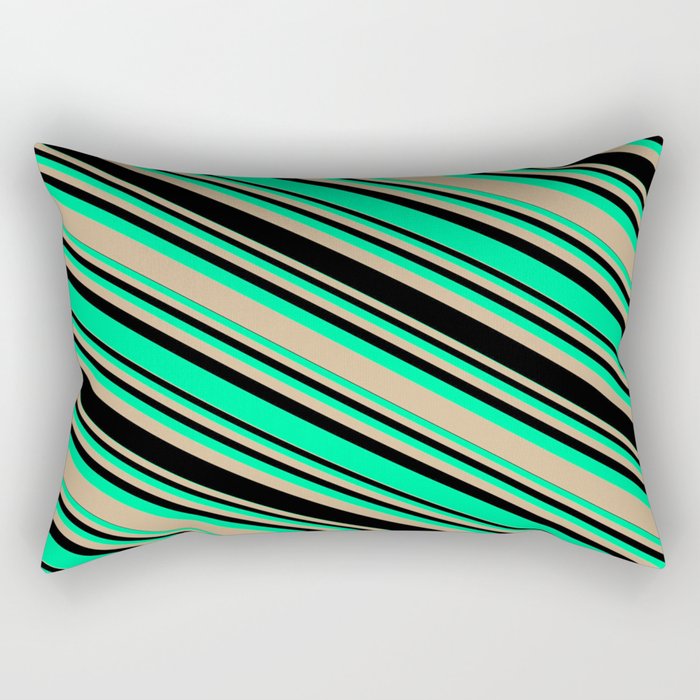 Green, Tan, and Black Colored Striped/Lined Pattern Rectangular Pillow