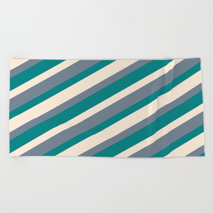 Beige, Slate Gray, and Teal Colored Lined/Striped Pattern Beach Towel