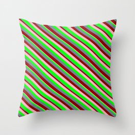 [ Thumbnail: Slate Gray, Dark Red, Light Pink, and Lime Colored Stripes/Lines Pattern Throw Pillow ]