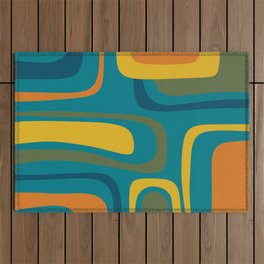 Palm Springs Midcentury Modern Abstract in Moroccan Mustard, Orange, Olive, Blue, and Teal Outdoor Rug